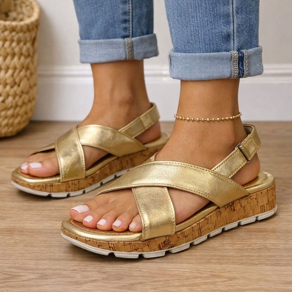 Skechers Womens Size 7 Memory Foam Wedge Sandals Goddess Gold Buckle Cute Summer